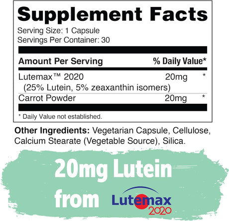 Suplemento de luteína zeaxantina, luteína 20 mg, vitamina para la salud de los ojos, para ojos secos, fatiga, luteax2020, suplementos oculares - 30 cápsulas veganas
