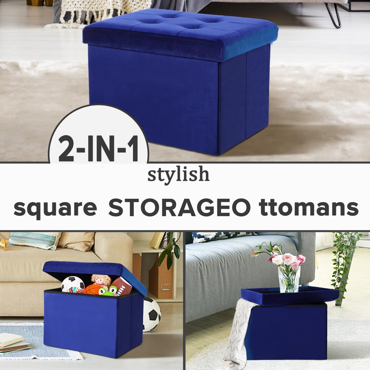 Ottomán de almacenamiento plegable con cojín y reposapiés