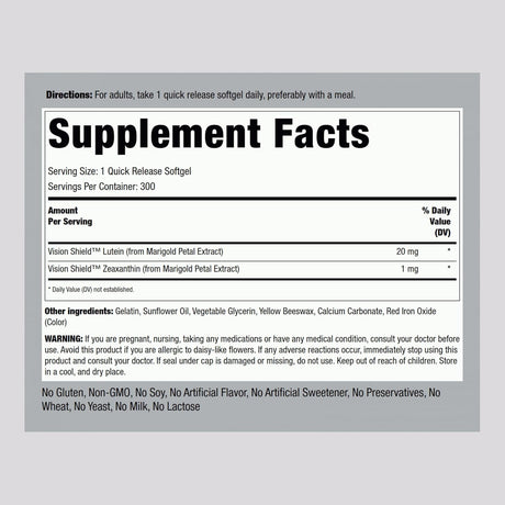 Suplemento de Luteína y Zeaxantina Piping Rock 20 mg 300 Pieles