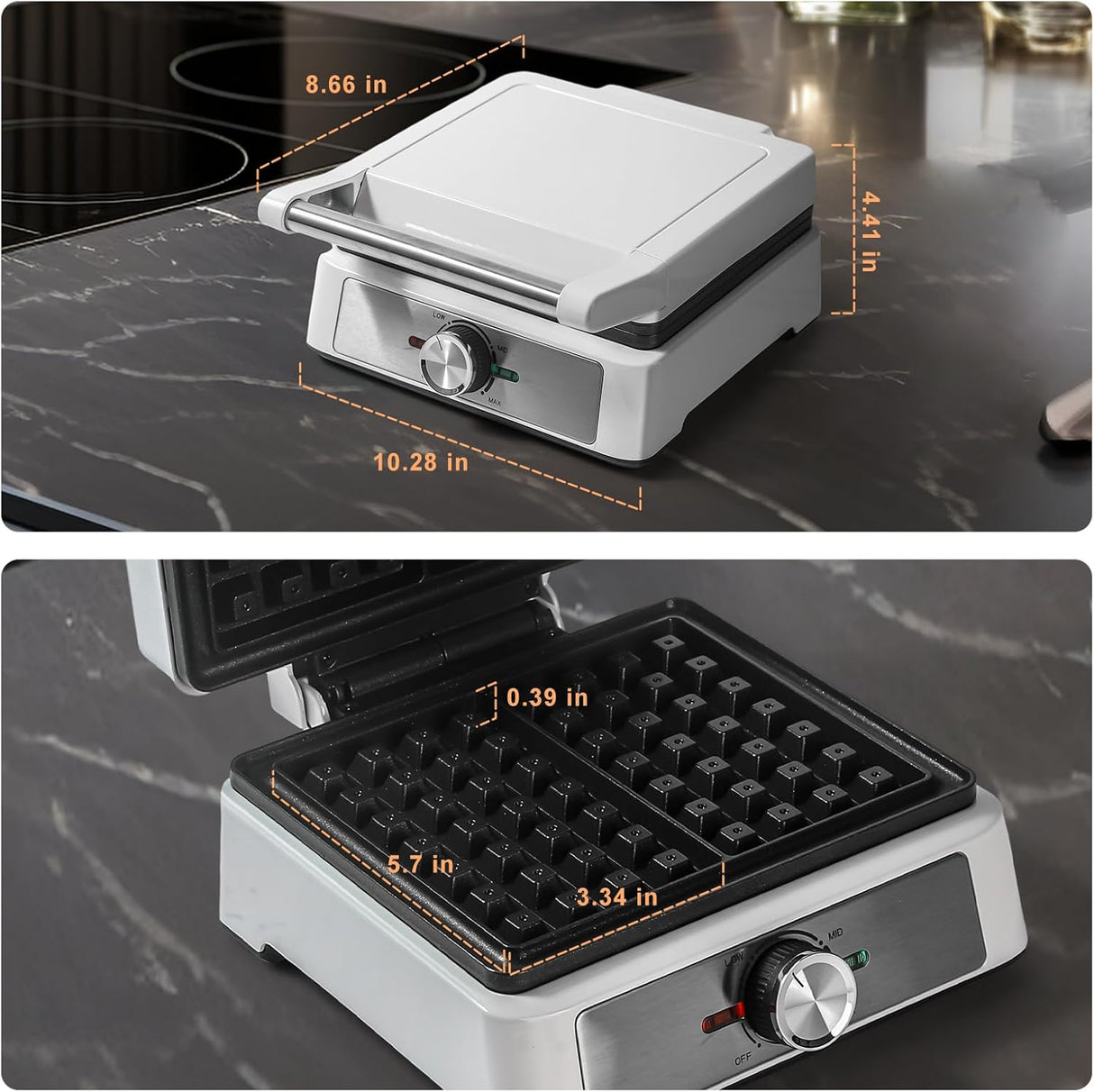 Máquina de Waffles 2 Rebanadas, Antidesbordamiento, 1200W
