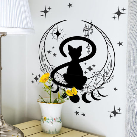 Simple Gato Negro Fase Lunar Flor Pegatinas de Pared Fondo