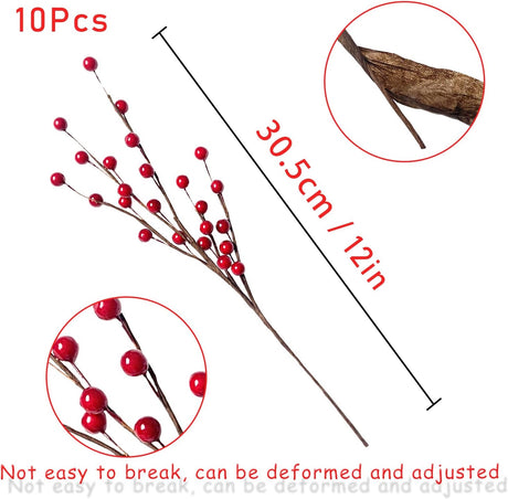 10 Pcs Berries Artificiales para Decoración Navideña, Rojo