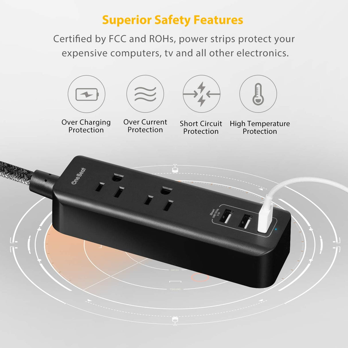 Caja de enchufes de viaje con 3 puertos USB de carga (3,1 A, 15 W) y 2 tomacorrientes, estación de carga de escritorio con cable de extensión trenzado de 5 pies, enchufe plano, portátil para hotel, crucero, hogar y oficina