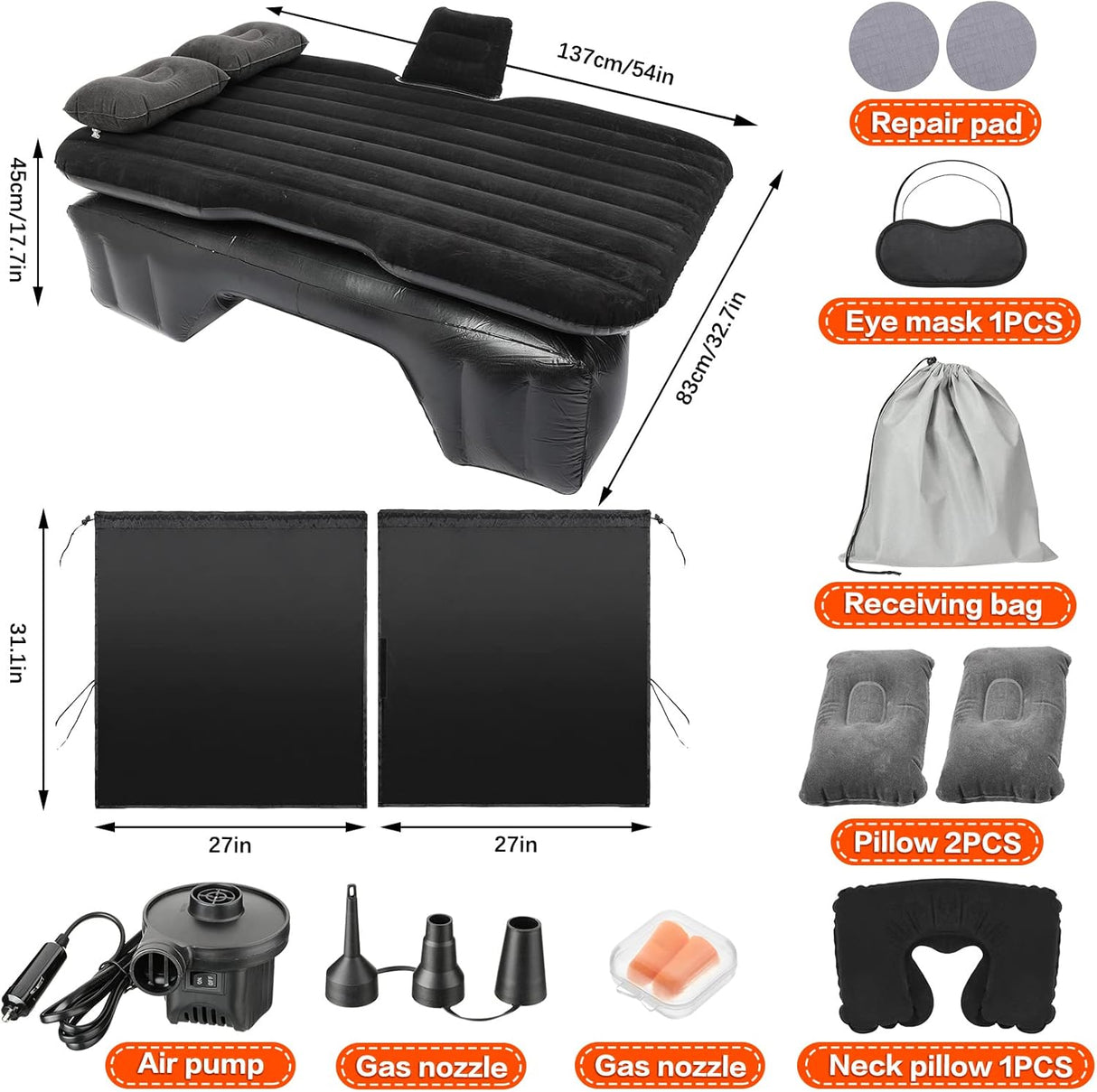 Colchón inflable de aire para coche, cortina divisora de coche, sombra para asiento trasero, cama, colchón de coche, camping, ventana de coche, con bomba de aire, 2 almohadas de aire, almohada de viaje, tapones para los oídos para SUV, RV, camión