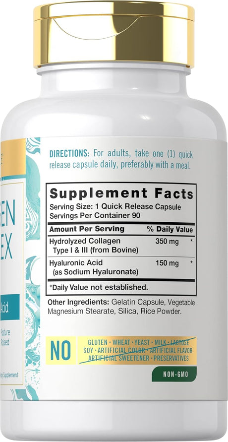 Suplemento de colágeno con ácido hialurónico 500 mg  90 cáp