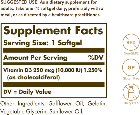 Suplemento Solgar Vitamina D3 colecalciferol 250 MCG 120 und