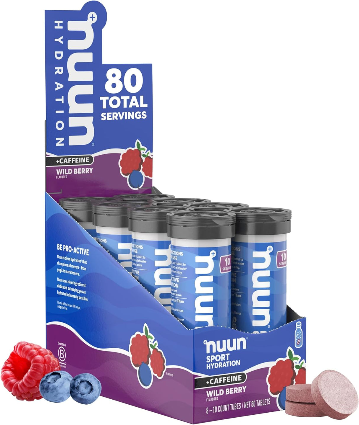 Nuun Sport con cafeína - tabletas de bebida electrolítica, sabor baya silvestre, 10&nbsp;unidades (paquete de 8)