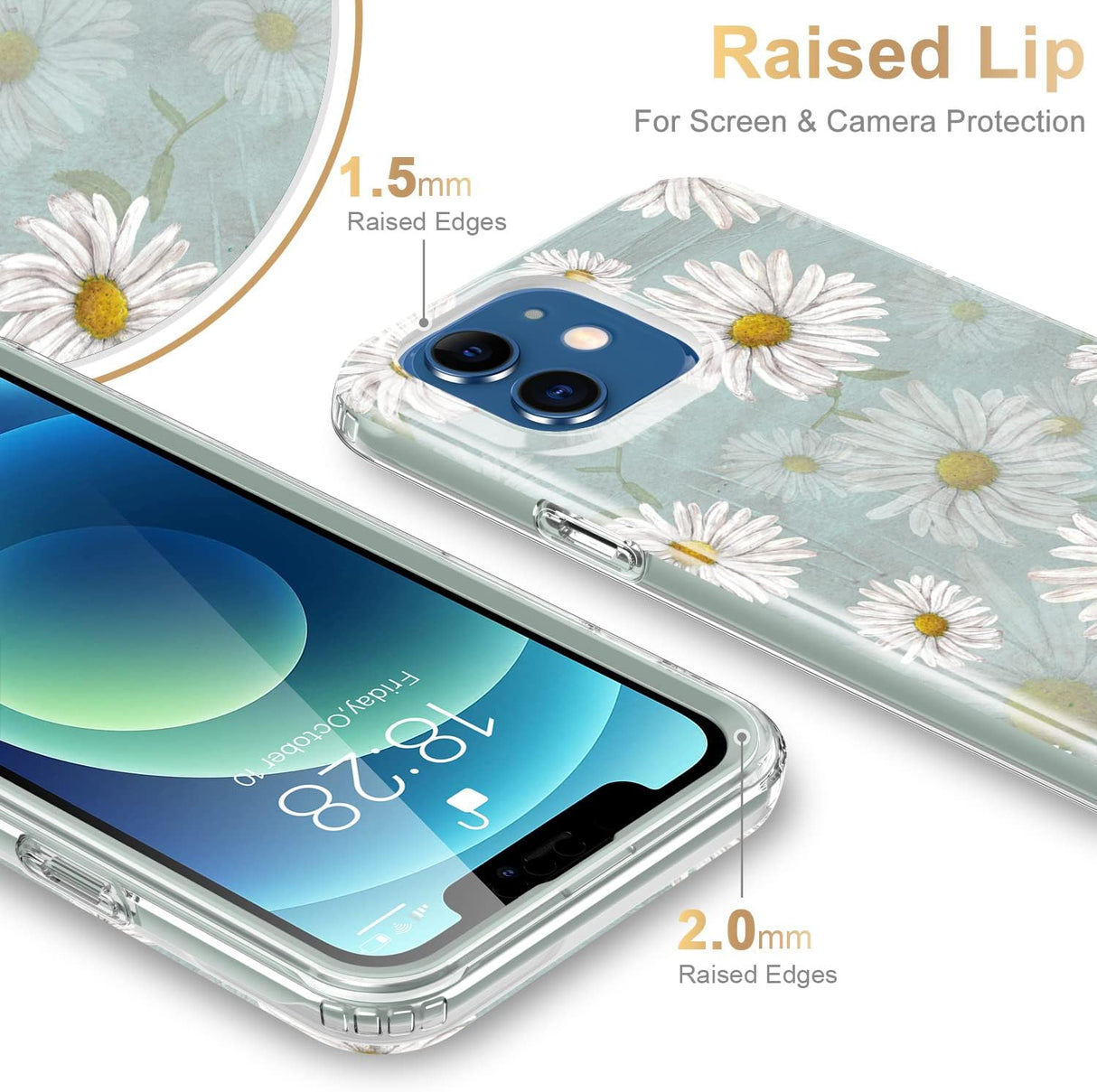 ESDOT Funda para iPhone 12, iPhone 12 Pro con protector de pantalla integrado, funda resistente con diseños de moda para mujeres y niñas, funda protectora para iPhone 12/12 Pro de 6.1 pulgadas, bonita margarita