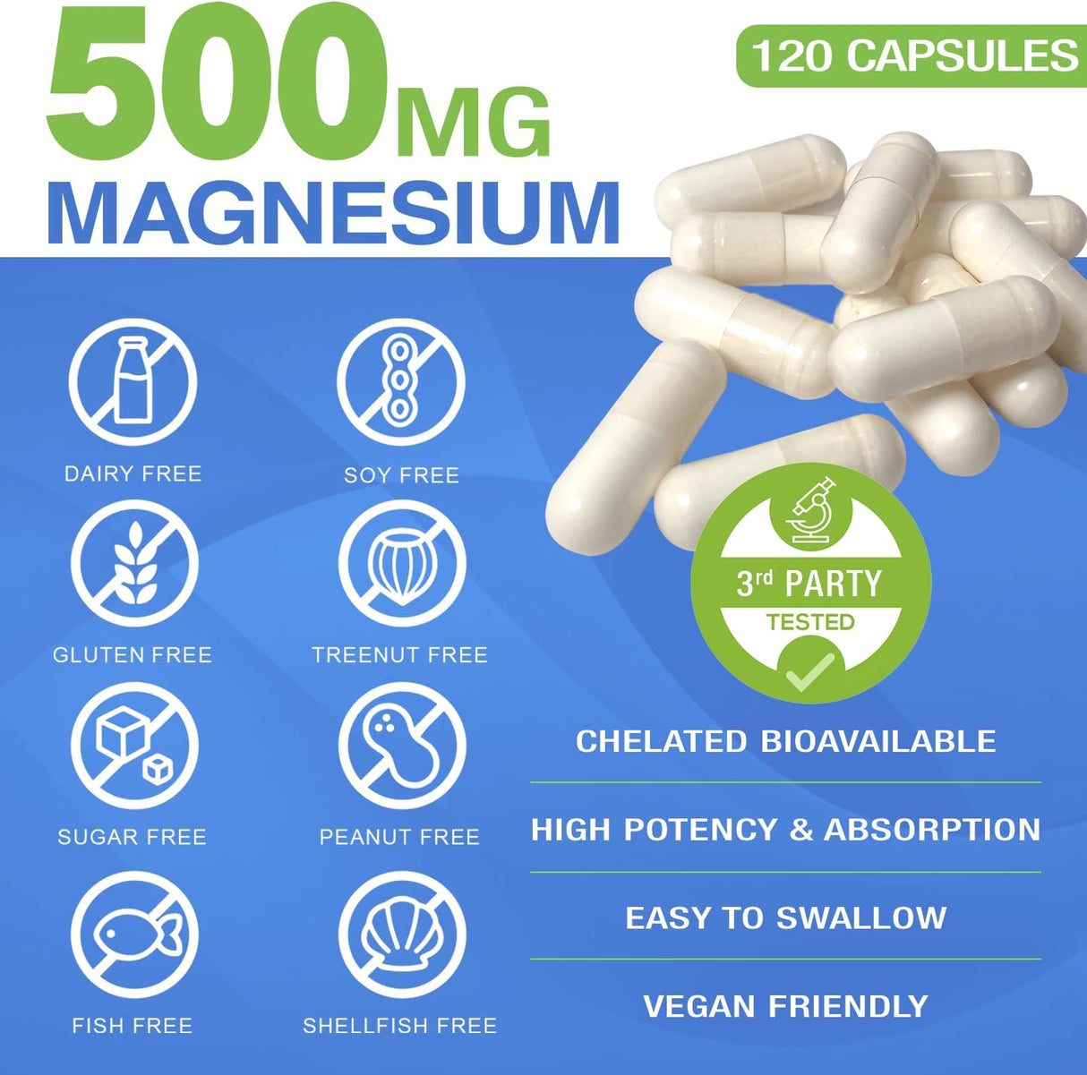 Magnesio Glycinato 500mg Cápsulas - Alta Absorción 120ct