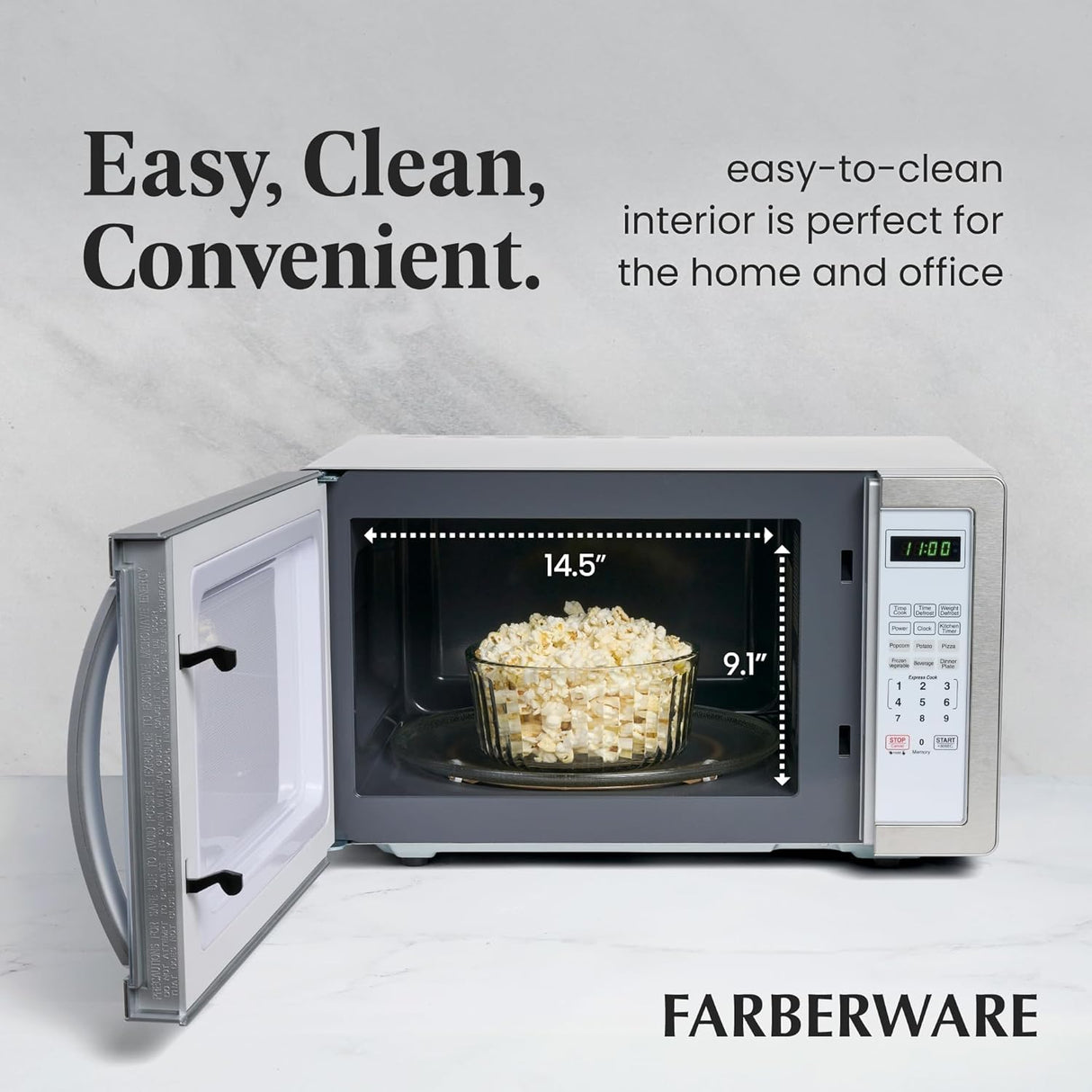 Microondas Farberware 1000W 1.1 cu ft, con bloqueo infantil