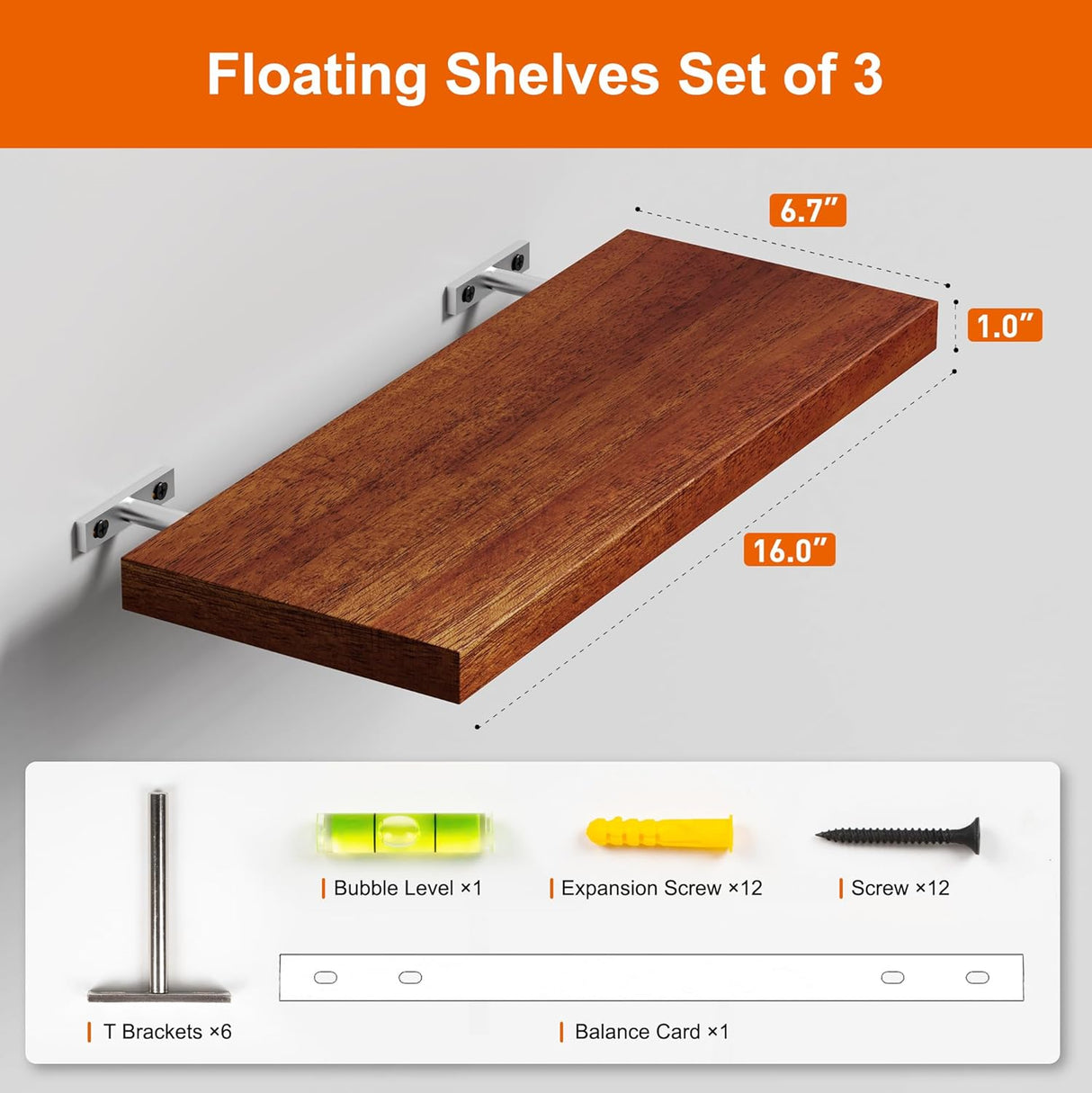 Estantes flotantes de madera, juego de 3, 16 para pared