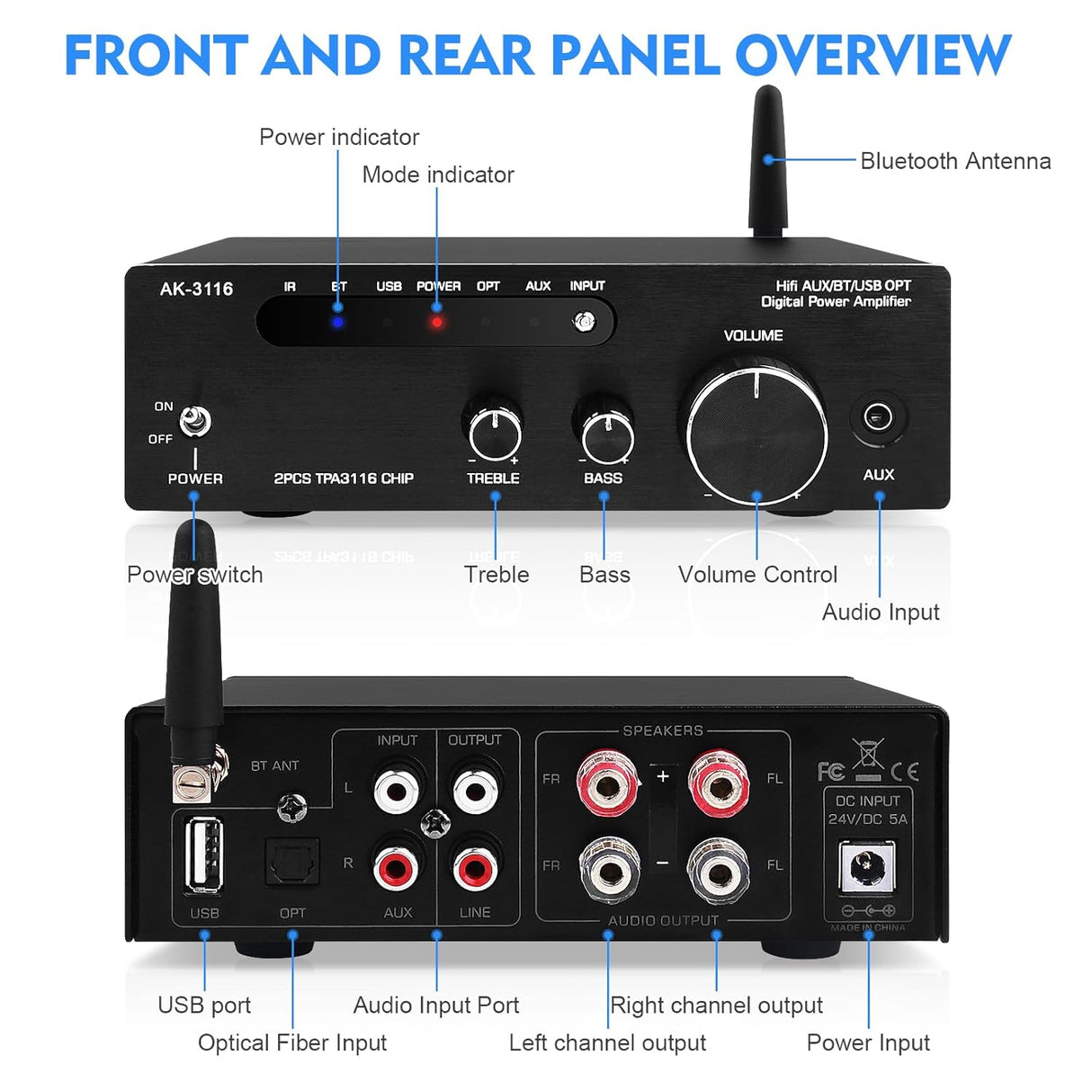 Amplificador de Audio HiFi 2.0, Bluetooth 5.3, AK-3116