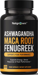 Suplemento Natgrown Ashwagandha, Maca, Fenogreco, 120 cápsulas