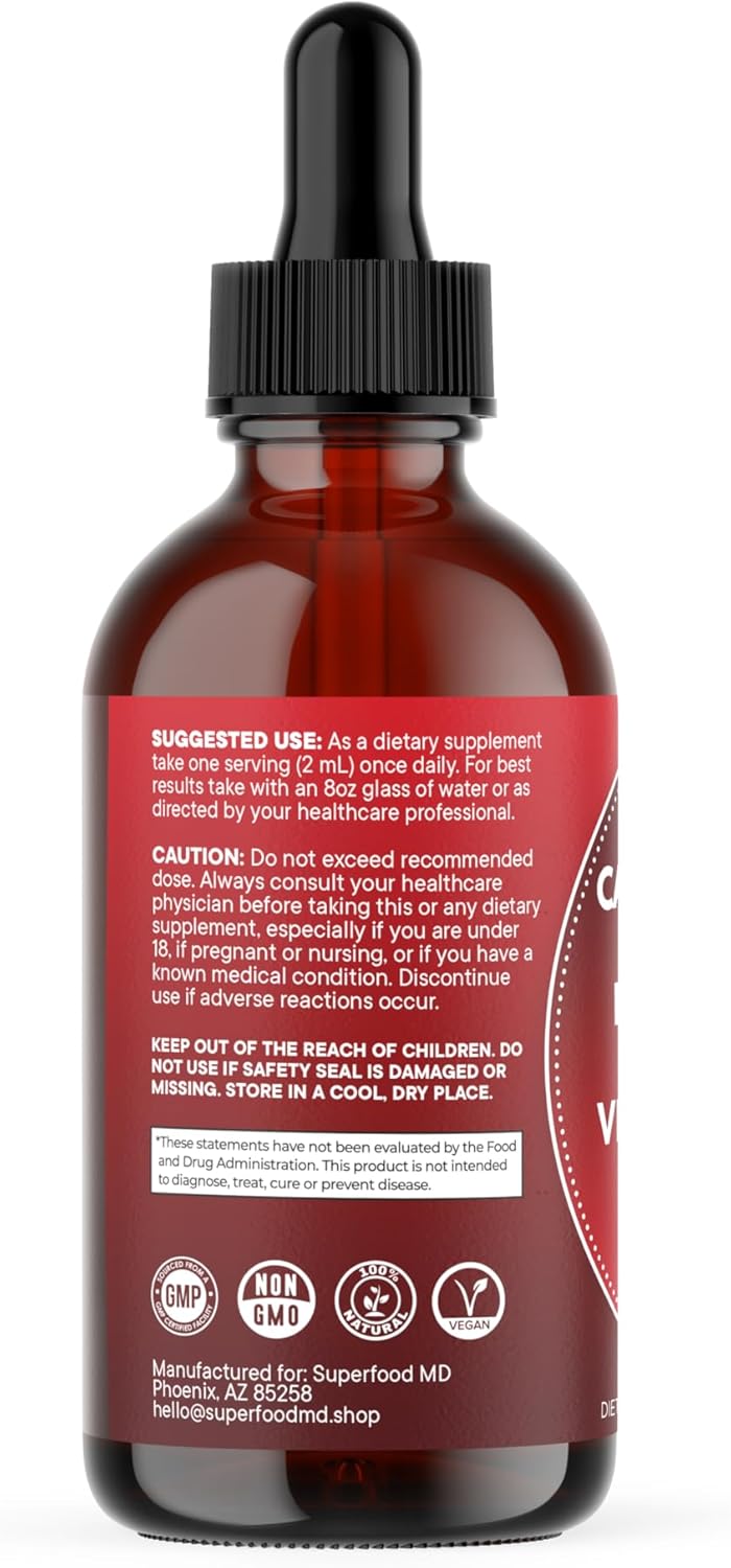 Suplemento Líquido Cayena + Baya de Sauco, D3 K2, Remolacha, Ceylon, Cúrcuma, Ginseng 4 OZ