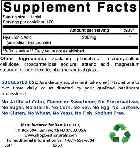 Best Naturals Ácido hialurónico 200 mg 120 comprimidos
