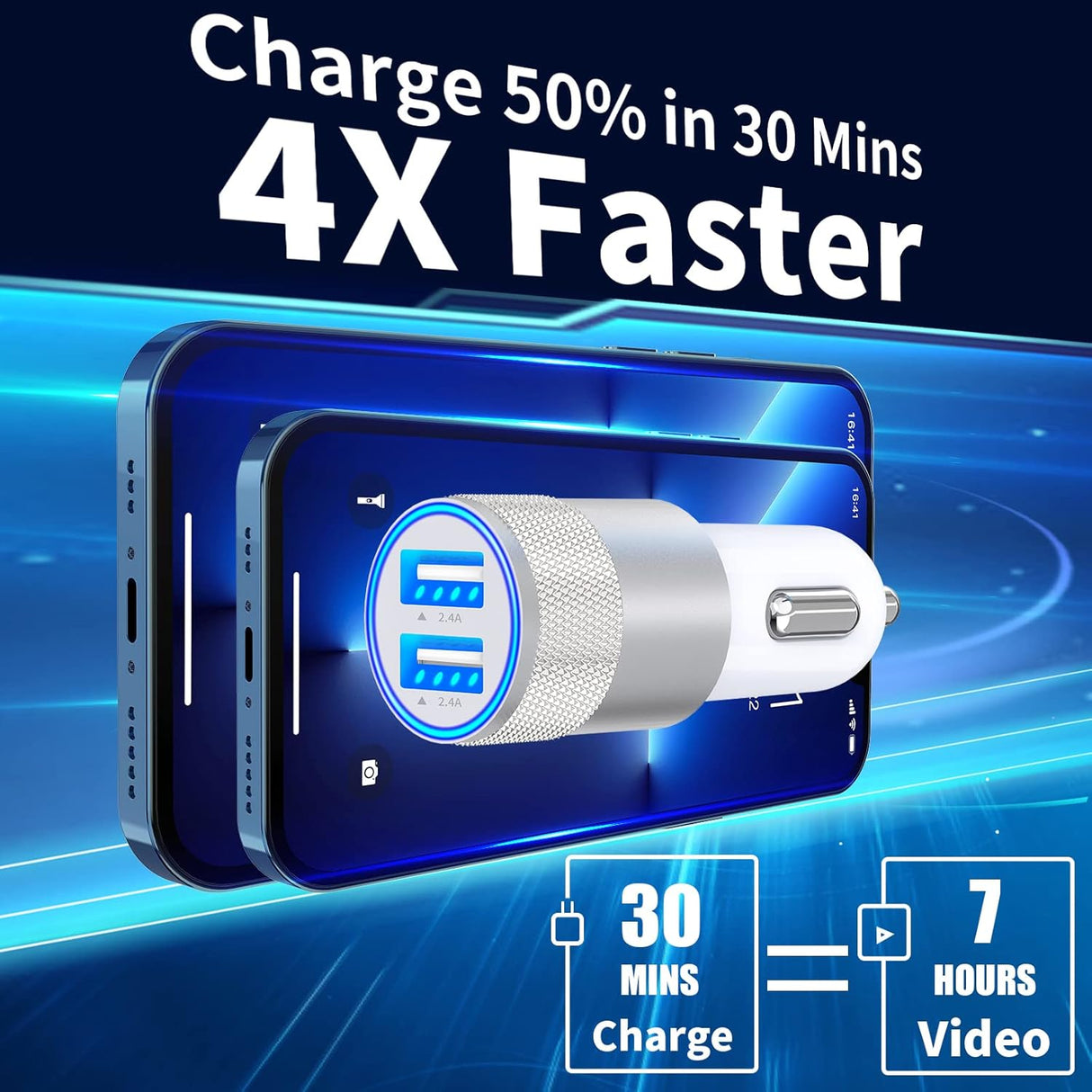 Cargador de coche Rombica 4.8A USB con cables para iPhone 14/13