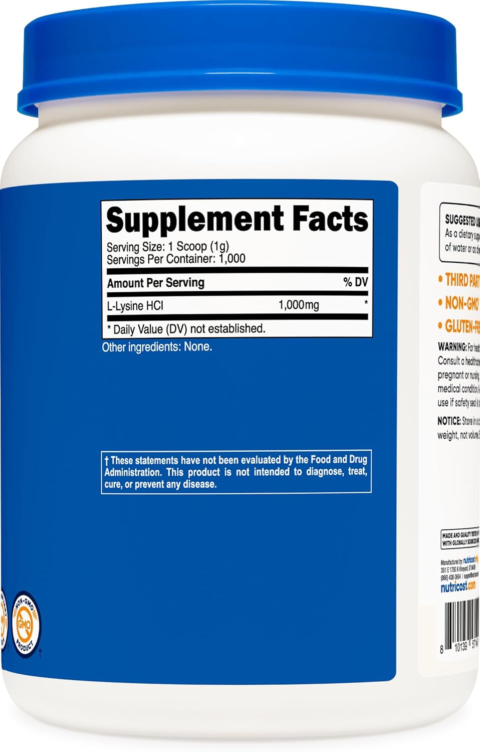 Nutricost L-Lisina en Polvo 1KG - Sin GMO, Sin Gluten