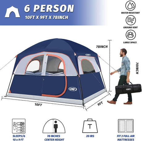 Tienda de campaña UNP 6 personas, impermeable, fácil montaje, 10'x9
