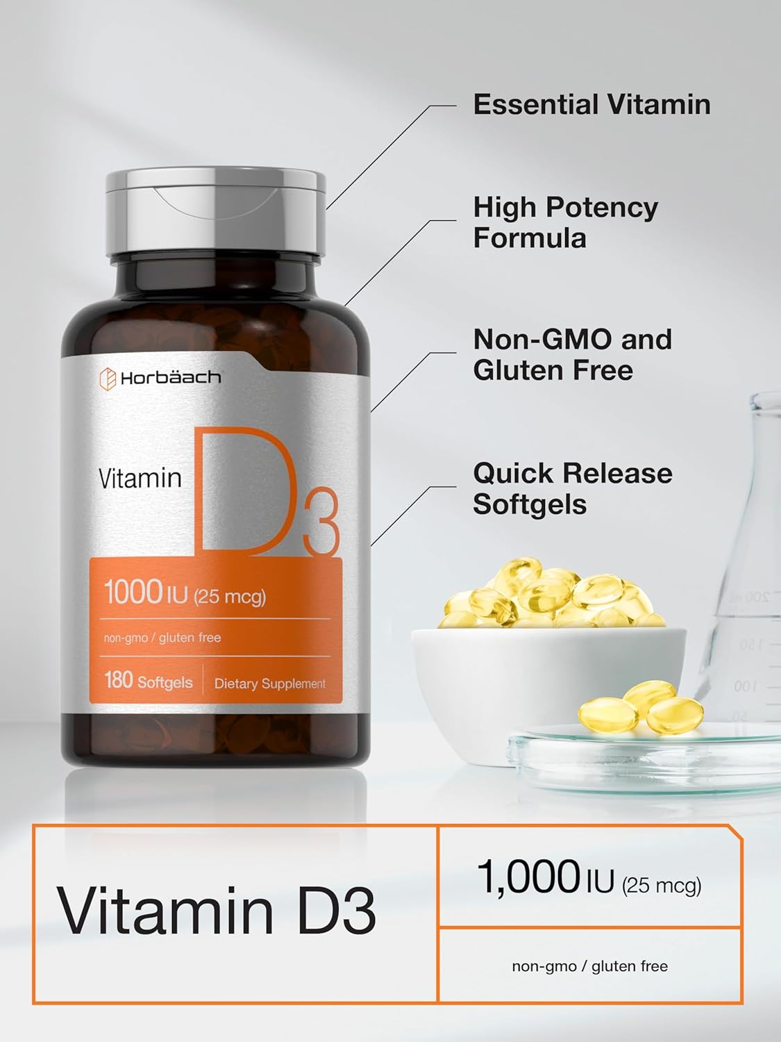 Horbäach Vitamina D3 1000IU Cápsulas 180 Non-GMO Gluten Free