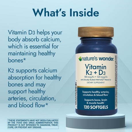 Vitamin K2+D3 Nature's Wonder, MenaQ7, Salud Cardiovascular, Cerebral, Ósea, 120 c/120 días