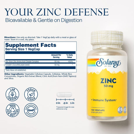 Solaray Zinc 50mg Cápsulas Apoyo Inmunidad 100 Veganas Pumpkin Seed