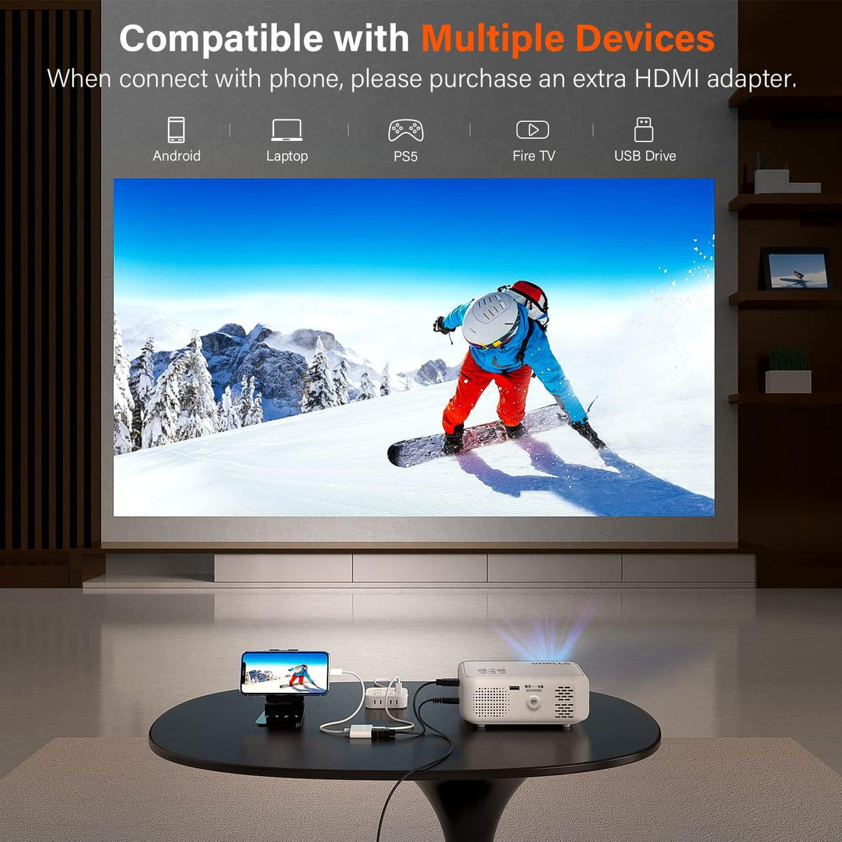 Proyector Mini VOPLLS 1080P, Zoom 50%, Compatible HDMI