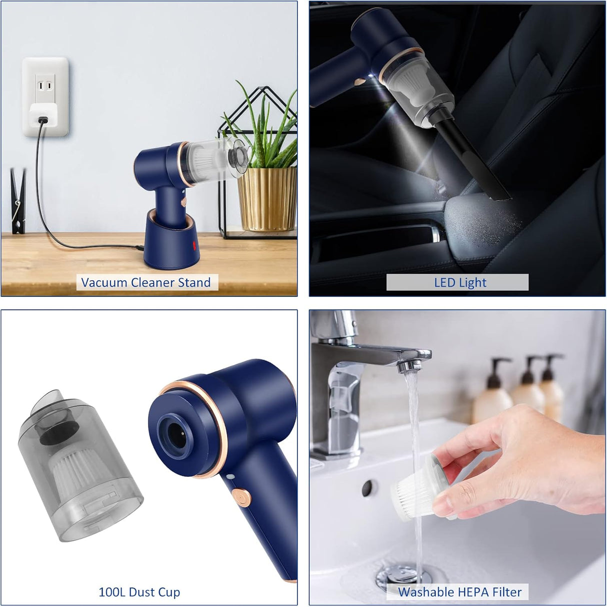 Aspiradora Mini 8Kpa, 120W, 2 en 1, con Luz LED, Sin Cable