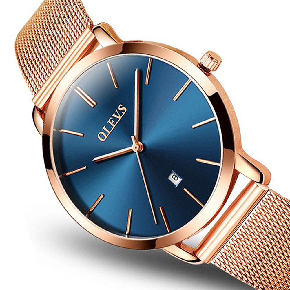 Reloj ultra delgado para mujer Esfera azul de cuarzo Oro