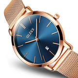 Reloj ultra delgado para mujer Esfera azul de cuarzo Oro