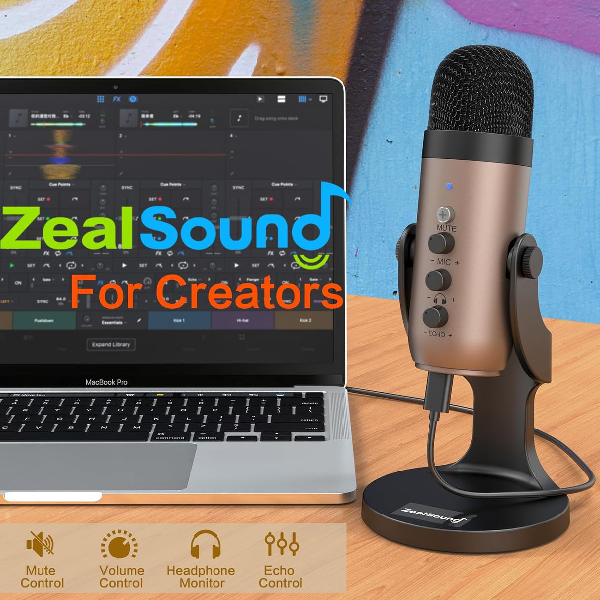 Micrófono USB ZealSound, condensador, control de volumen, PC