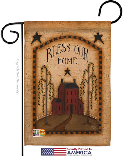 Bandera clásica de jardín Bless Our Home Country Living Primitive Farm Western Barn American Rustic Cowboy Rural Ranch pequeña decorativa de regalo para patio, casa de campo, hecha en Estados Unidos, 13 x 18.5 pulgadas