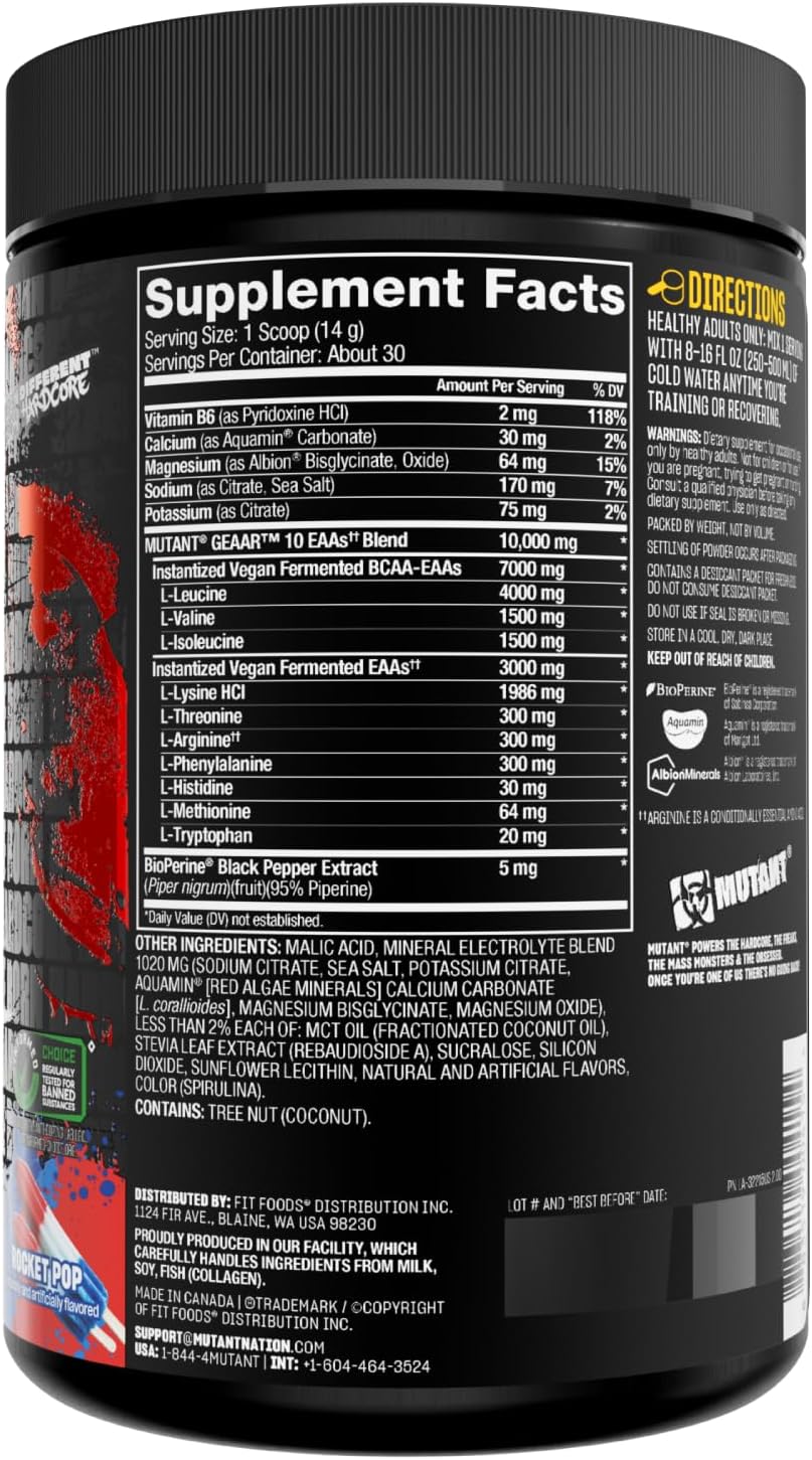 Mutant GEAAR Suplemento de EAA, BCAAs y Electrolitos, 30 servs