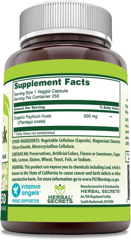 Suplemento de Psyllium Husk | Herbal Secrets | 500 Mg | 250 Cápsulas