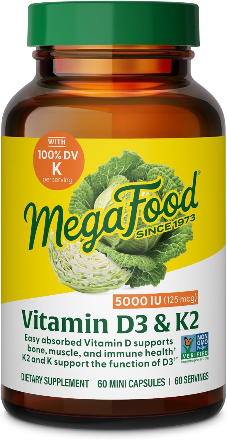 MegaFood Vitamina D3 5000 IU Suplemento Vegetariano K2, 60 cápsulas