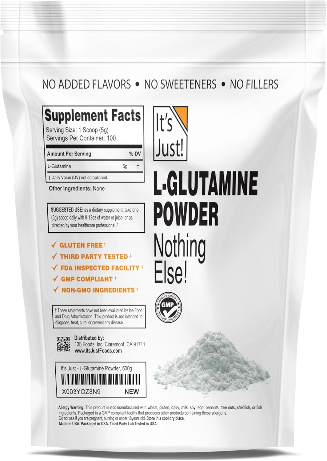 L-Glutamina en Polvo  It's Just! 500g, Recuperación Muscular