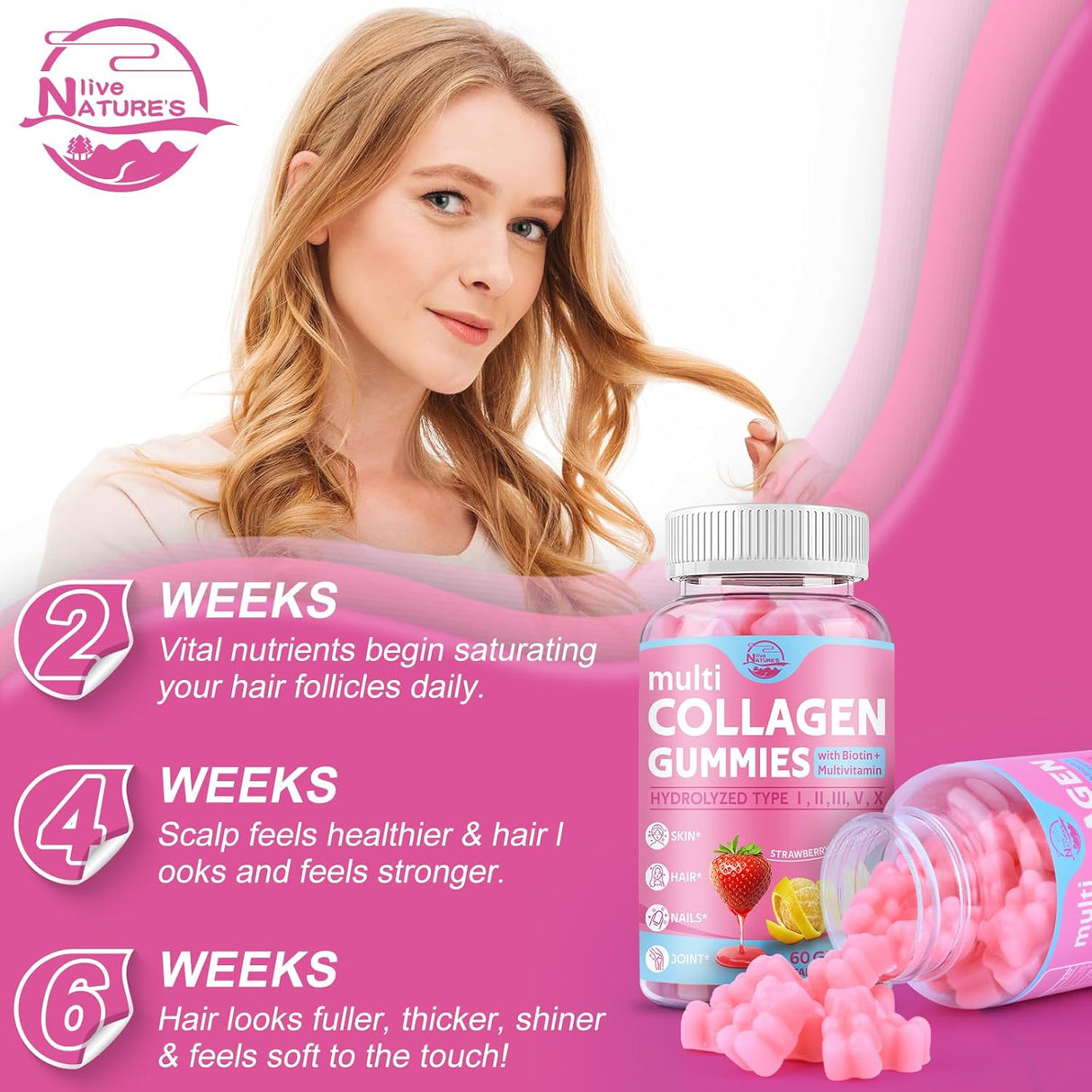 Multi Collagen Gummies, Colágeno Hidrolizado con Biotina, 60u