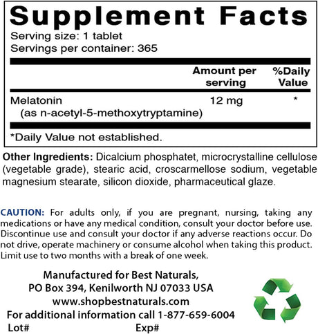 Melatonina 12 mg Best Naturals - Suplemento para dormir 365 ct