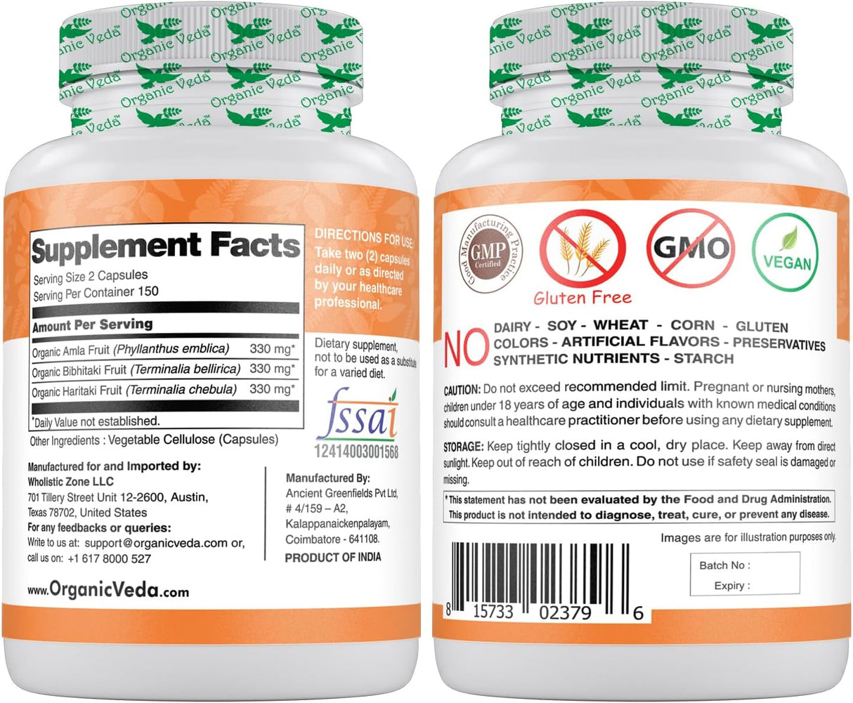 Polvo de Triphala Orgánico 300 Cápsulas - Organic Veda 1000mg