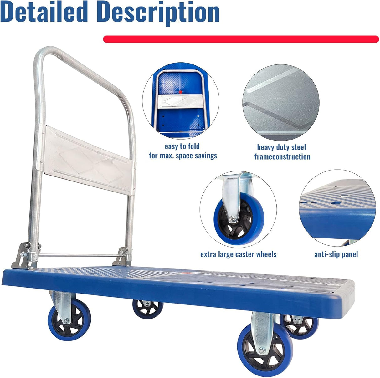Carretilla Plataforma Plegable 660lbs, Ruedas Giratorias, 35.43x23.62