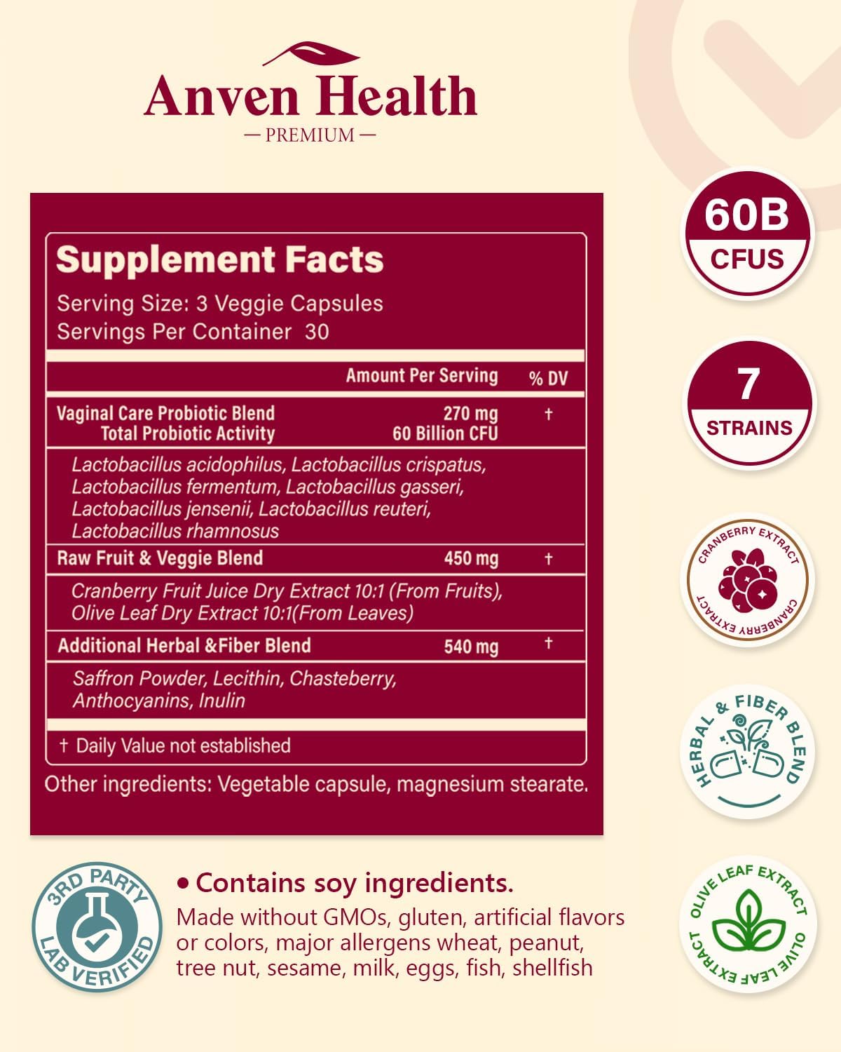 Probióticos Vaginales Mujer - 60B, Flora, Olor, Cándida, Digestión, Saffron, Cranberry, 90 Cápsulas