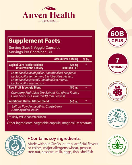 Probióticos Vaginales Mujer - 60B, Flora, Olor, Cándida, Digestión, Saffron, Cranberry, 90 Cápsulas