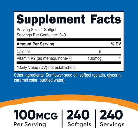 Nutricost Vitamina K2 MK-7 100 mcg 240 Softgels Gluten Free