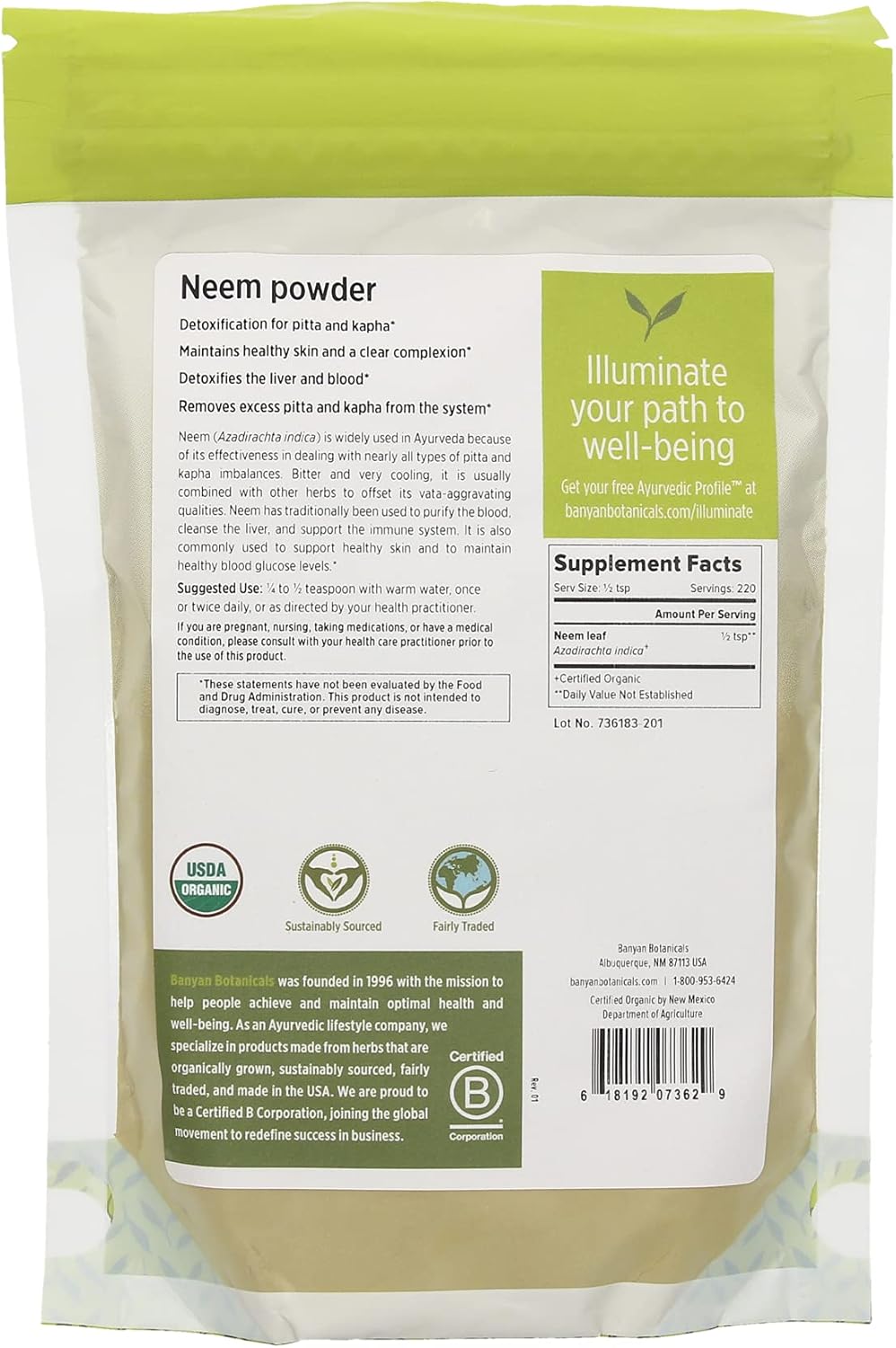 Suplemento Banyan botánicos Neem Powder Orgánica USDA zacate