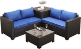 Juego de muebles de mimbre de polietileno para exteriores, 4 piezas, sofá de dos plazas seccionales de ratán negro, sofá de conversación con caja de almacenamiento, mesa superior de vidrio y cojín antideslizante azul rey