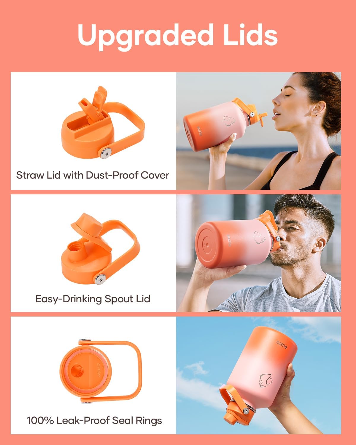 Botella de agua de medio galón, BUZIO, acero inoxidable 64 oz