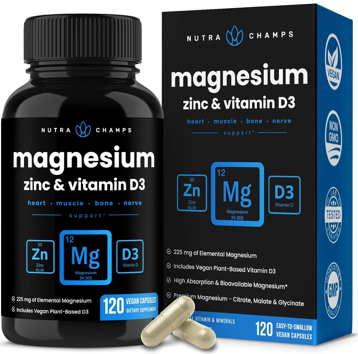 Suplemento de magnesio y zinc y vitamina D3 120 cápsulas