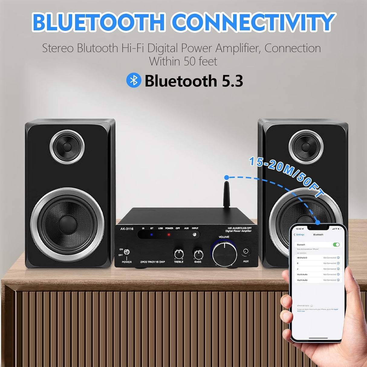 Amplificador de Audio HiFi 2.0, Bluetooth 5.3, AK-3116