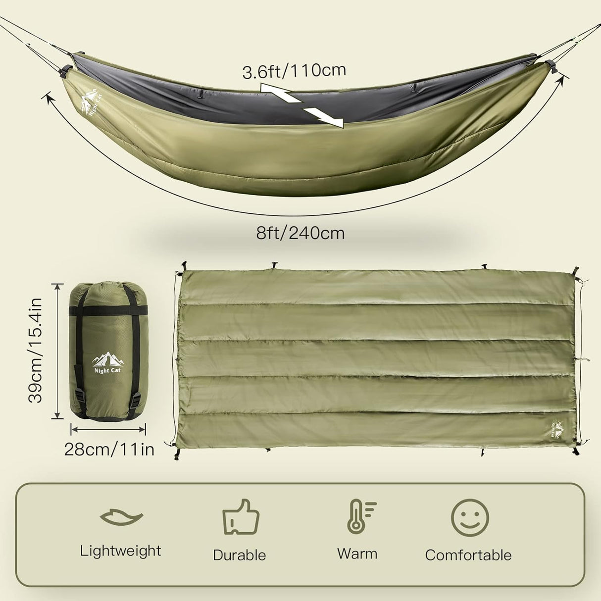 Hamaca de Noche Cat, Saco de Dormir Aislante, 4 Estaciones, 8x3.6ft