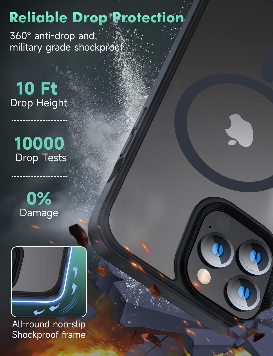 MGNAOOI - Funda magnética para iPhone 13 Pro, calidad militar probada, apta MagSafe, posterior translúcido mate, teclas de aleación de aluminio, antihuellas, caídas y arañazos, 6.1&nbsp;pulgadas, negra