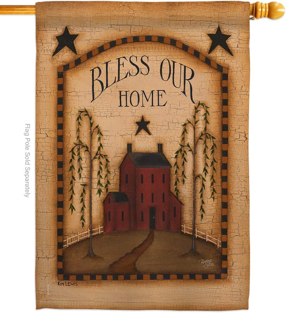 Bandera clásica Bless Our Home House Country Living Primitive Farm Western Barn American Rustic Cowboy Rural Ranch pequeña pancarta decorativa de regalo para patio, fabricada en Estados Unidos, 28 x 40 pulgadas